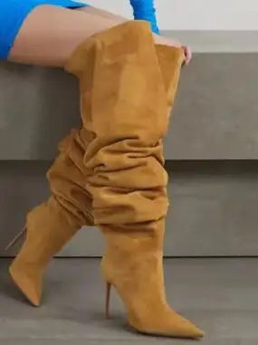 

Autumn Ladies Camel Suede Black Leather Solid Pleated Loose Calf Over The Knee Boots Women Pointed Toe Thin Heels Thigh Boots