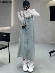 Women Strap Dresses Denim Fashion Korean Style Loose Design All-match College Leisure Summer Midi Simple Vintage Sleeveless New