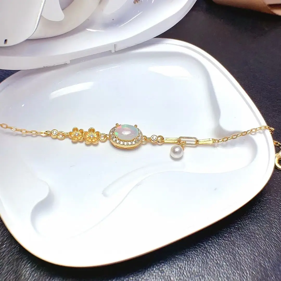 Sterling Silver Bracelet  Natural Australian Opal Bracelet 5mm*7mm White Opal Jewelry with Thick Gold Plating Keep Shining