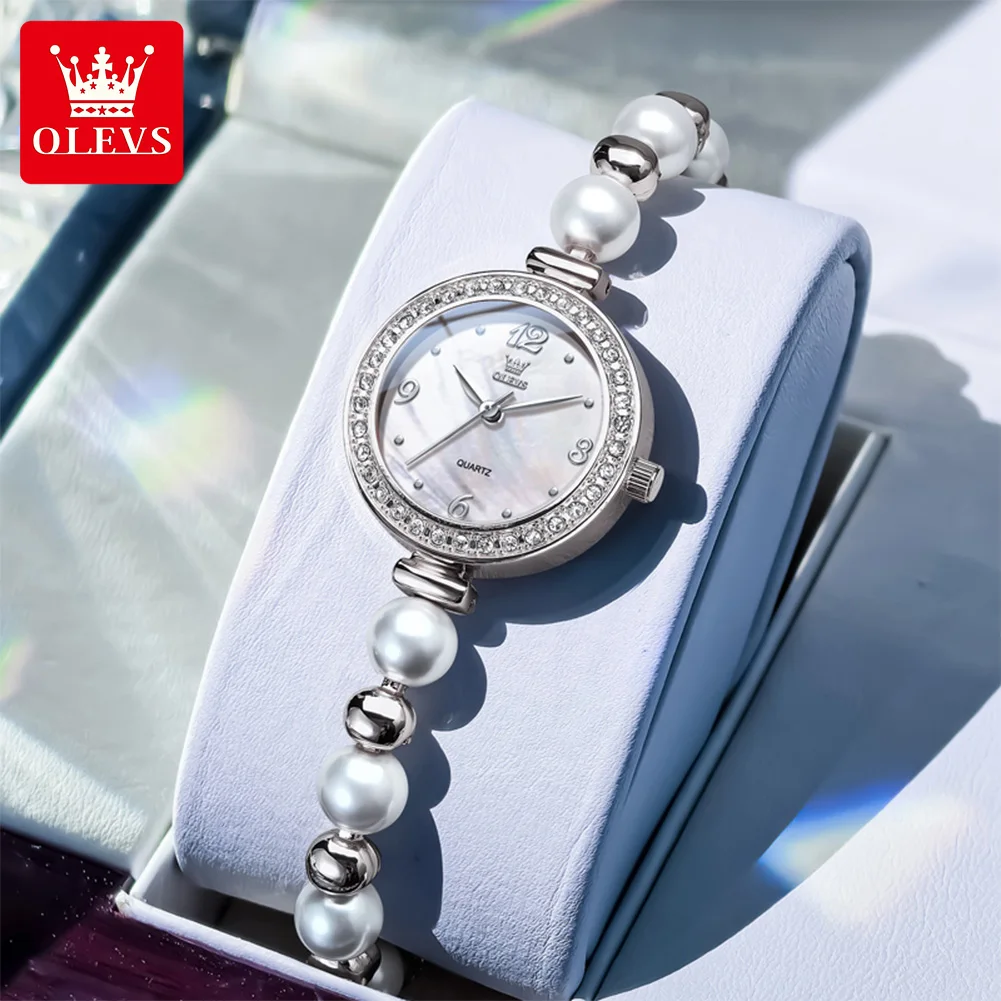 

OLEVS Luxury Pretty Women's Watches Pearl Strap Waterproof Quartz Watch for Lady Fashion Diamond Dial Simple Original Wristwatch
