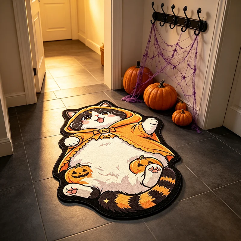 VIKAMA Halloween Cute Cat Pumpkin Cloak Shaped Rug Soft Plush Non Slip Easy Clean Entrance Floor Mat Holiday Home Decor