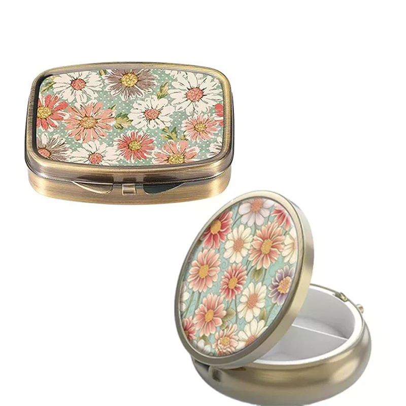 Cute 2/3Grids Pill Box Stainless Steel Round Capsule Medicine Box Floral Pattern Medicine Organizer Container with Divider