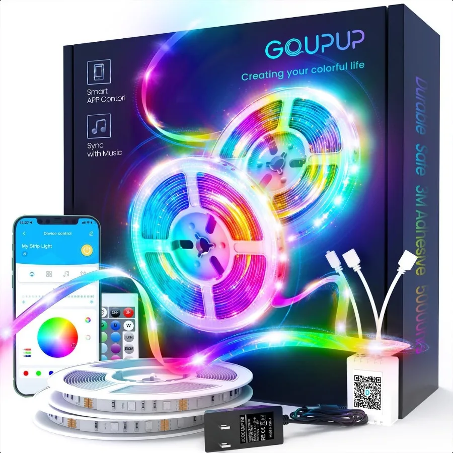 

LED Lights Strip 100 FT LED Lights for Bedroom 100ft RGB Rope Light for Room Bluetooth APP Control Color Changing Strip Sync wi