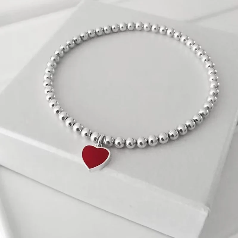 Boho Fashion Bracelets For Women New Punk Silver Color Beads Chain Red Heart Pendant Jewelry Valentine\'s Gift For Female B048