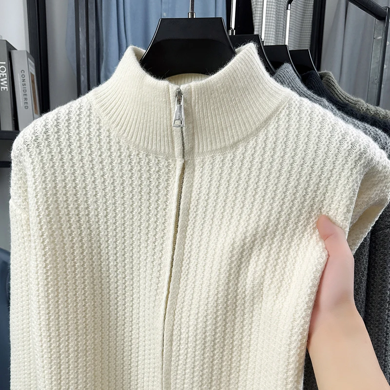 Hochwertiger Herbst-Winter Strick-Cardigan Designer-Neuheit Schlichter Lässiger Herren-Reißverschluss-Pullover mit Stehkragen Klassischer Jacquard Trendiger Sweater-Mantel – Detail 11