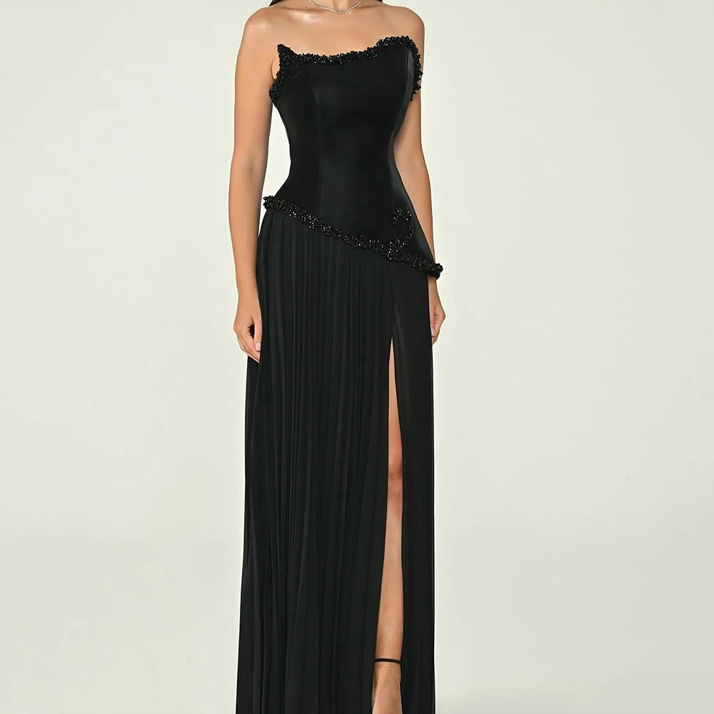 Customized A-line Evening Dresses Floor-length Strapless Sleeveless Prom Gown Fashion Sequined Backless Lace-up Party Gown