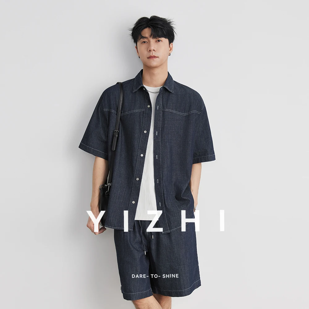 Men's Denim Short Sleeve Shirt Shorts Suit Summer Hot Style Cotton Fabric Lapel Shirt Button Design Fashion Urban Trendy Men