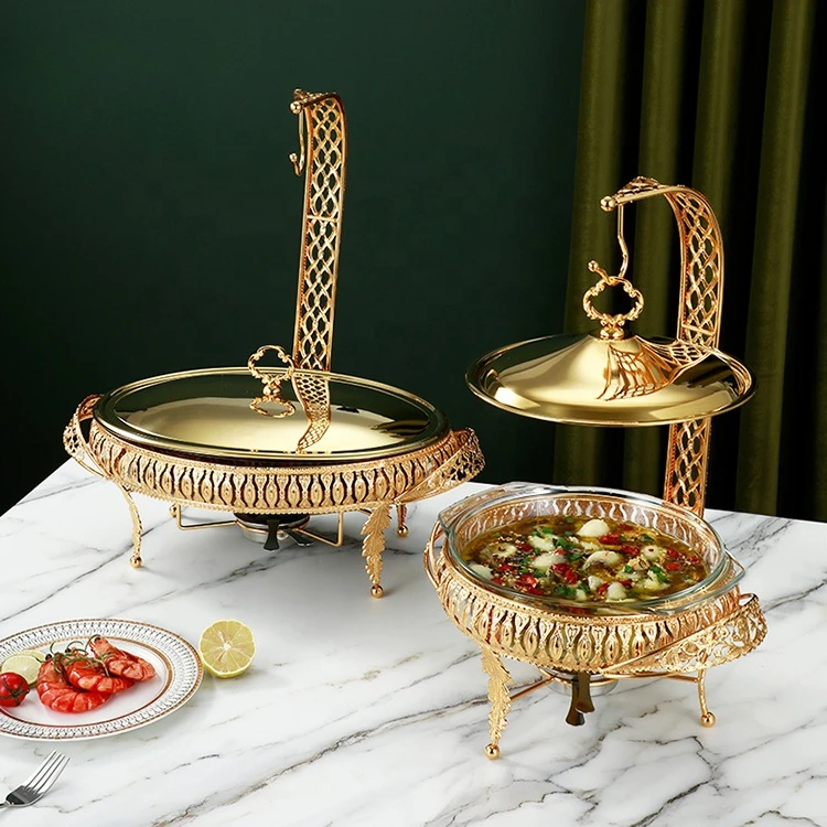 Luxury High Quality Glass Chaffing Dishes Cheffing Dish Food Warmer Metal Egg Shape Gold Chafing Dish Buffet Set