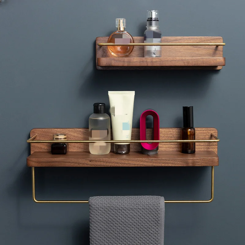 Solid Wood Punch-free Bathroom Shelf Bathroom Toilet Wall Rack Towel Rack Vanity Cosmetic Storage Rack Bathroom Decoration