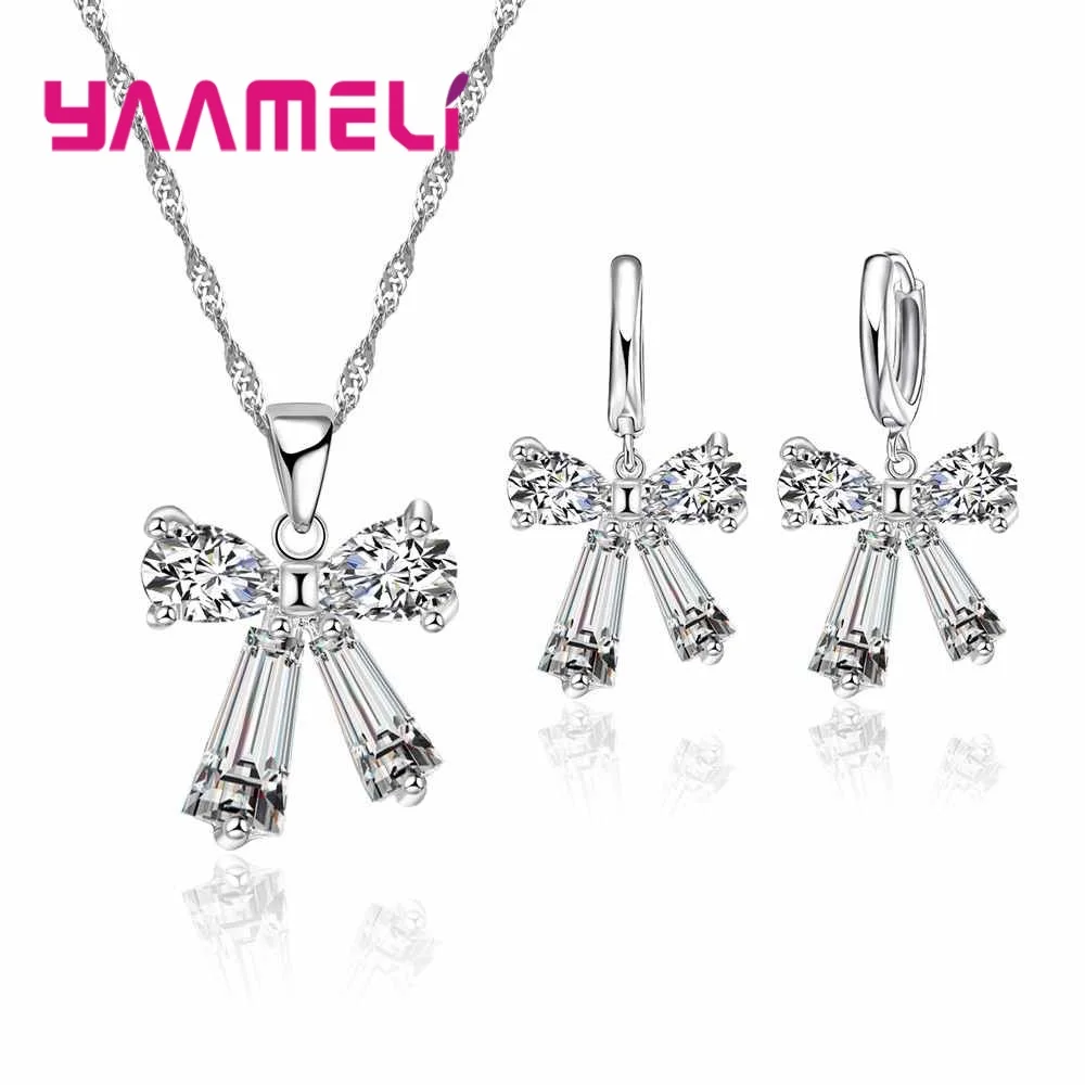 925 Sterling Silver Color Top Quality Cubic Zircon Bowknot Shape Jewelry Sets For Women Gorgeous Accessories Fast Shipping