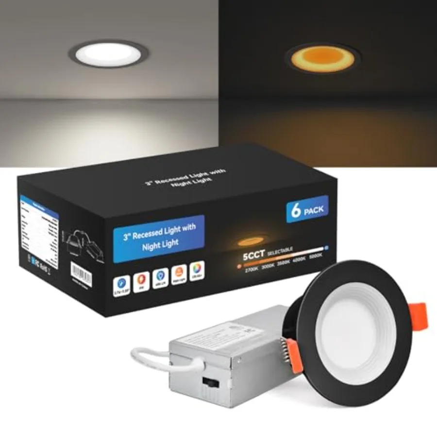 

3 Inch Recessed LED Lights Switchable Night Light and Main Light 5 Color Temperatures 2700K-5000K Dimmable Canless Downlight fo