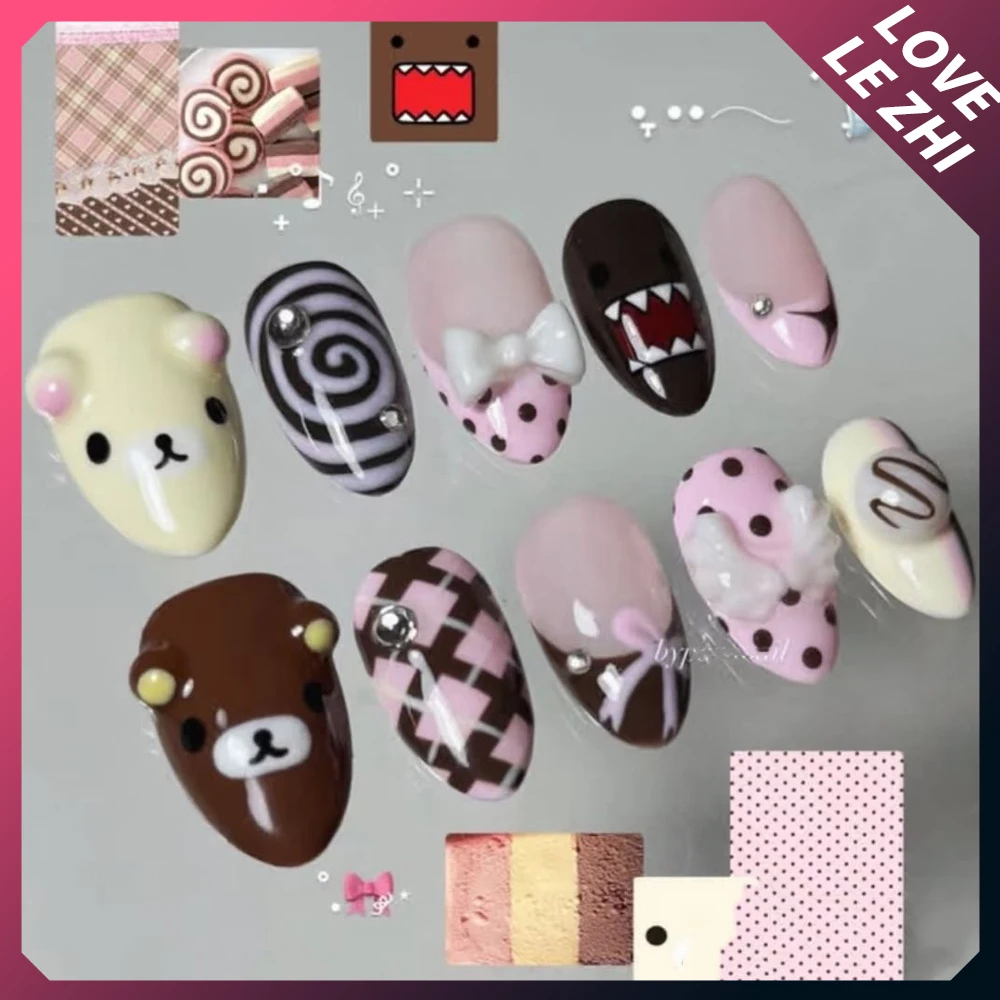 10Pcs Cartoon Kawaii Anime Rilakkuma Handmade Full Cover Nails Strawberry Bowknot Diamond Stars Chocolate Wings Press On Nails view 3