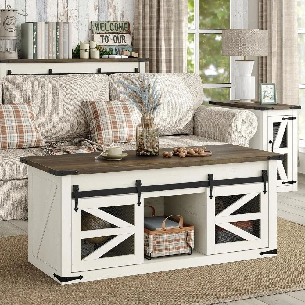 47.3'' White Farmhouse Center Table with Sliding Ironmesh Doors, Rustic Brown Top Rectangular Coffee Table for Living Room