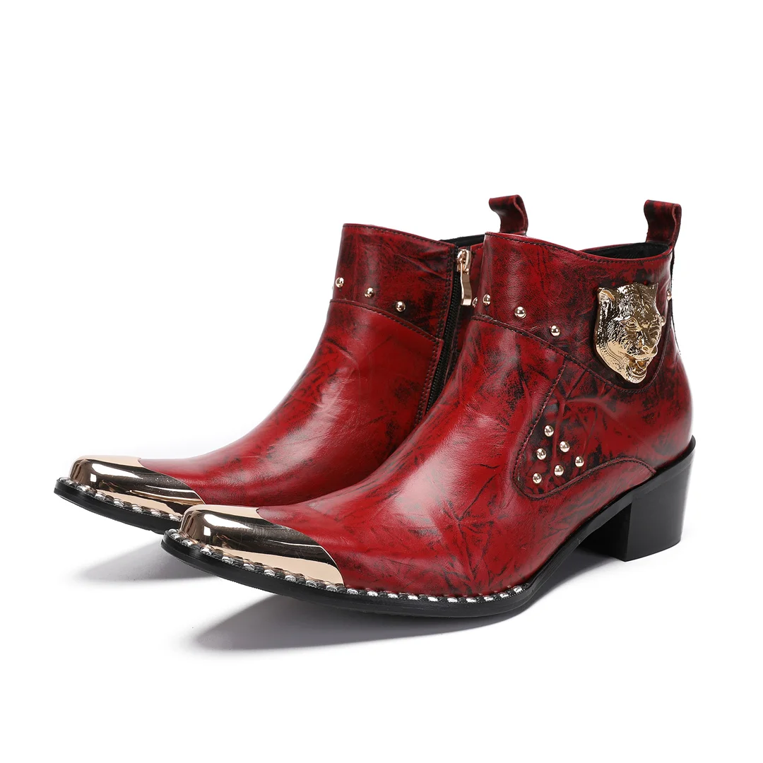 

New Red Handmade Banquet Men Shoes Metal Pointed Toe Party Office Dress Boots Business Formal Evening Nightclub Short Boots