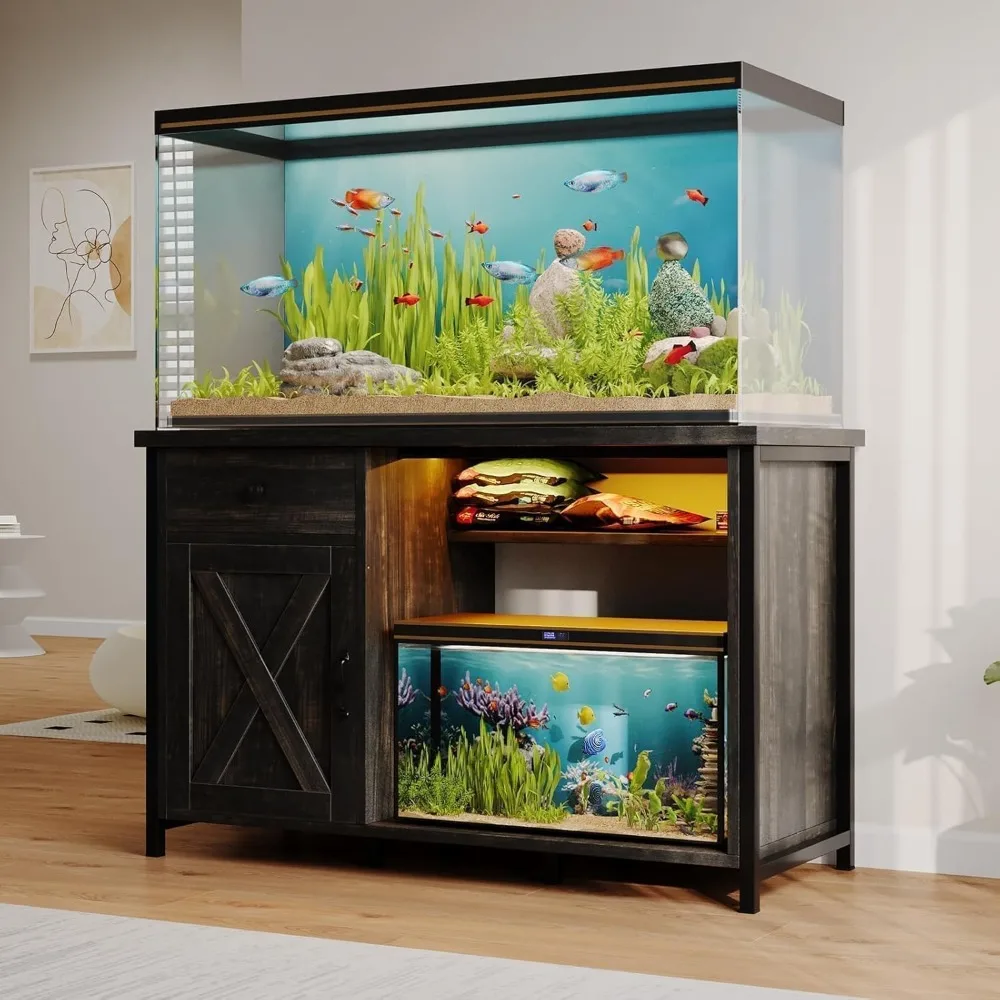 55 Gallon Fish Tank Stand with LED Light & Power Outlets, 55-75 Gallon Aquarium Stand with Drawer & Barn Door,