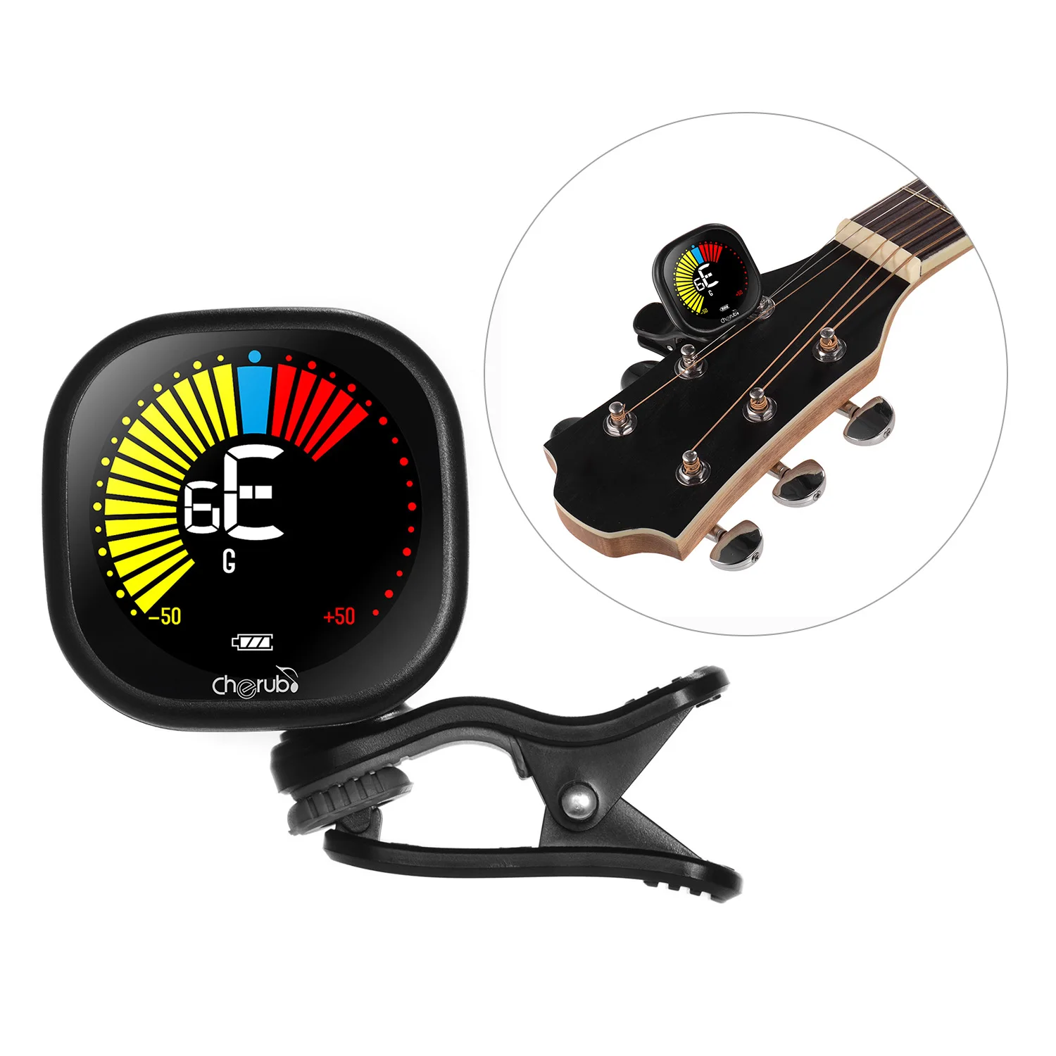 

Cherub WST-670 Перезаряжаемый гитарный тюнер с зажимом, цветной ЖК-дисплей, прочный для хроматической гитары, укулеле, скрипки, встроенный аккумулятор
