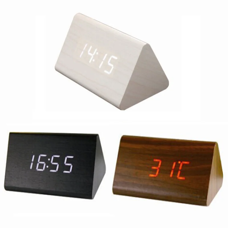 Voice Control Silent LED Alarm Clock Retro Wooden Clock Night Light Digital Desk Clock Wholesale