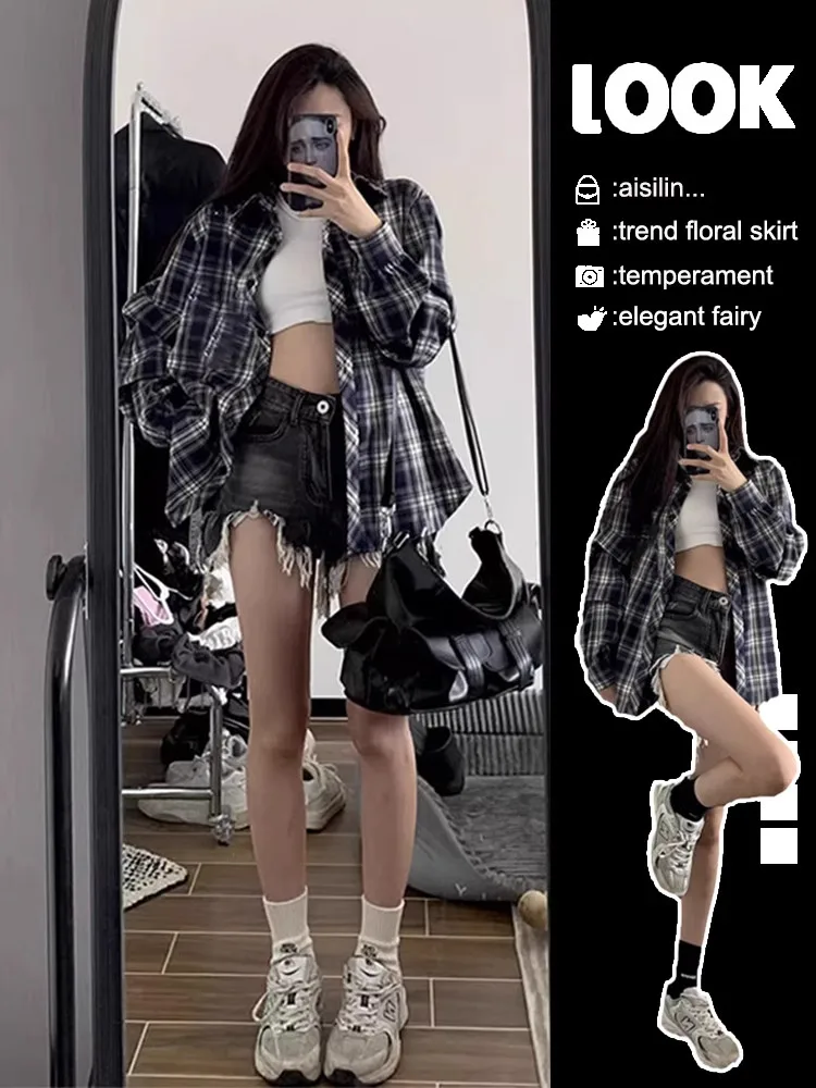 

Retro American Plaid Long Sleeve Shirt Jacket Women Early Spring Thin Loose Casual Outerwear Trendy Top Collar Open Card...