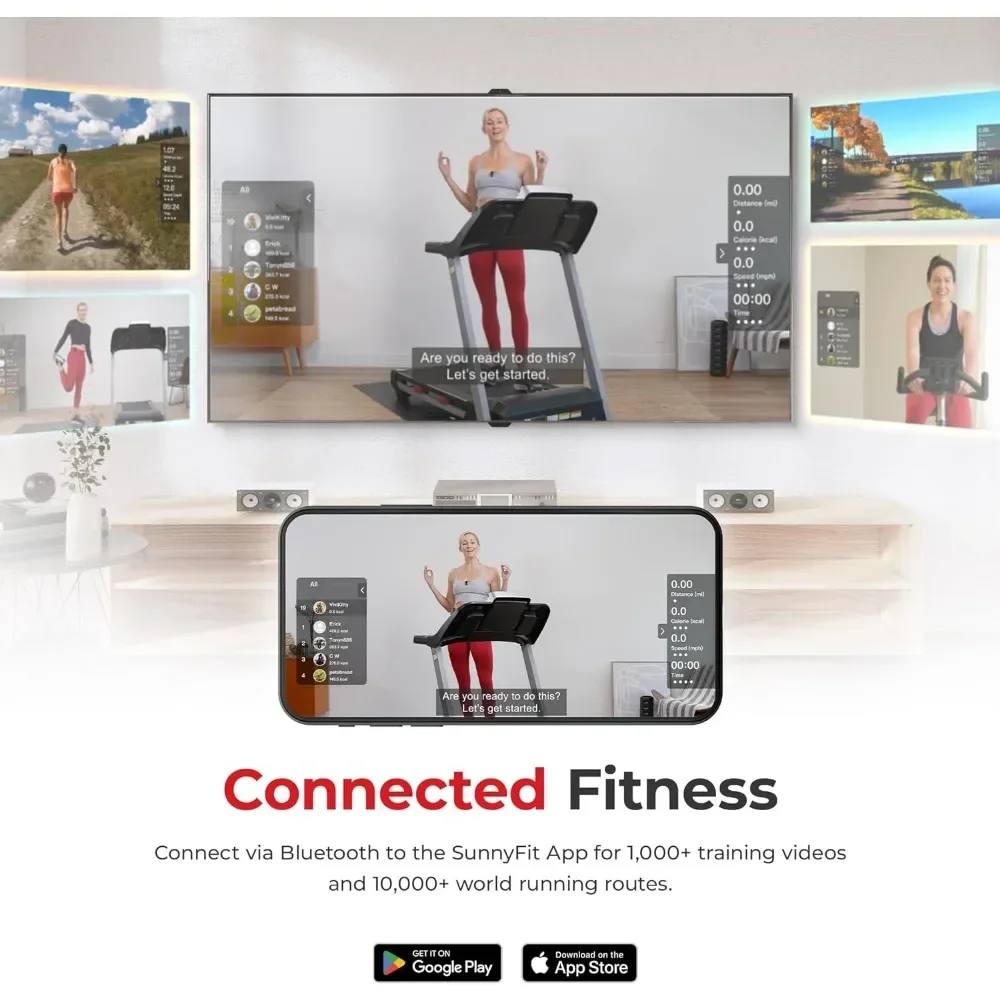 آلة حاسبة BMI وأجهزة استشعار النبض مع جهاز المشي الاختياري بتطبيق SunnyFit ، جهاز المشي الممتاز القابل للطي مع انحدار تلقائي