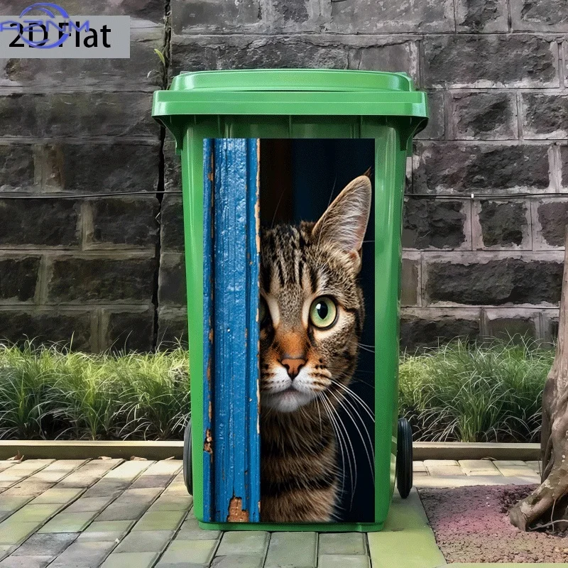 Trash Can Sticker Blue Border Cat Peeking Out Theme Design Wall Sticker Decoration Wallpaper Self-Adhesive Kitchen Trash Can