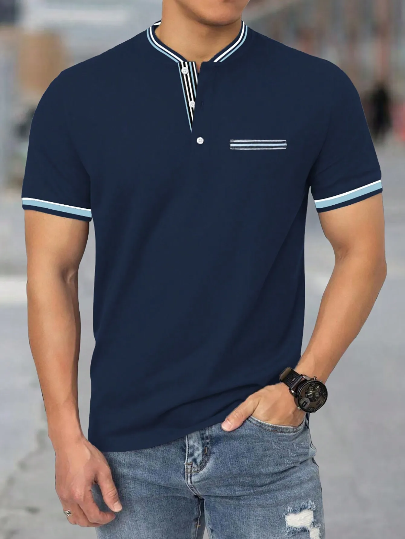 

Men's Navy Blue Short Sleeve Polo Shirt with Striped Trim Collar and Chest Pocket
