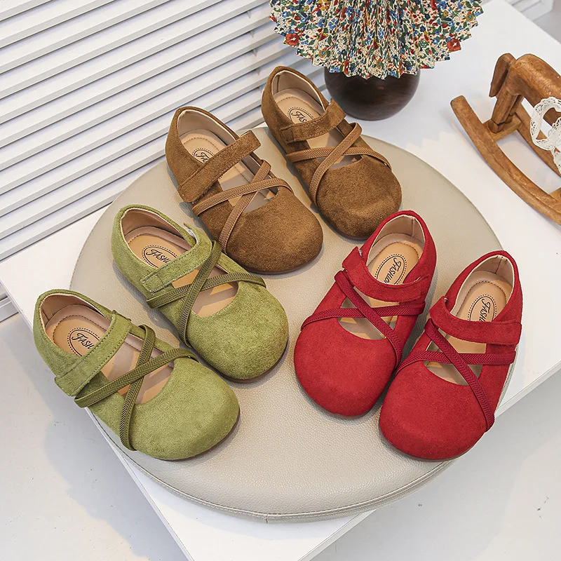 Autumn Girls Suede Mary Jane Shoes Vintage Cross Strap Children Princess Flats Soft Sole Pure Color Children Footwear 23-37
