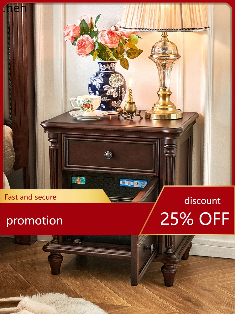 ZML Solid Wood Bedside Table with Safe Integrated Bedside Cabinet Vintage Bedroom Storage Cabinet