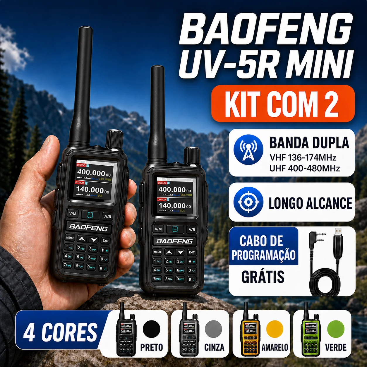 baofeng-uv-5r-ミニ-2個セット-5w-vhf-uhf-デュアルバンド-ハムラジオ-トランシーバー、bluetoothアプリ、999チャンネル、usb-c、プログラミングケーブル、デュアルptt