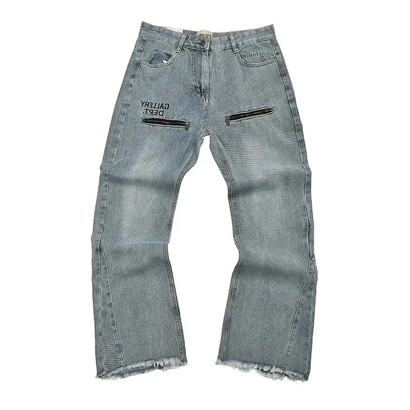 

Retro Waed Frayed Jeans Loose Straight Casual Long Trousers for Men And Women Trendy Blue Denim mid Waist Zipper Fly