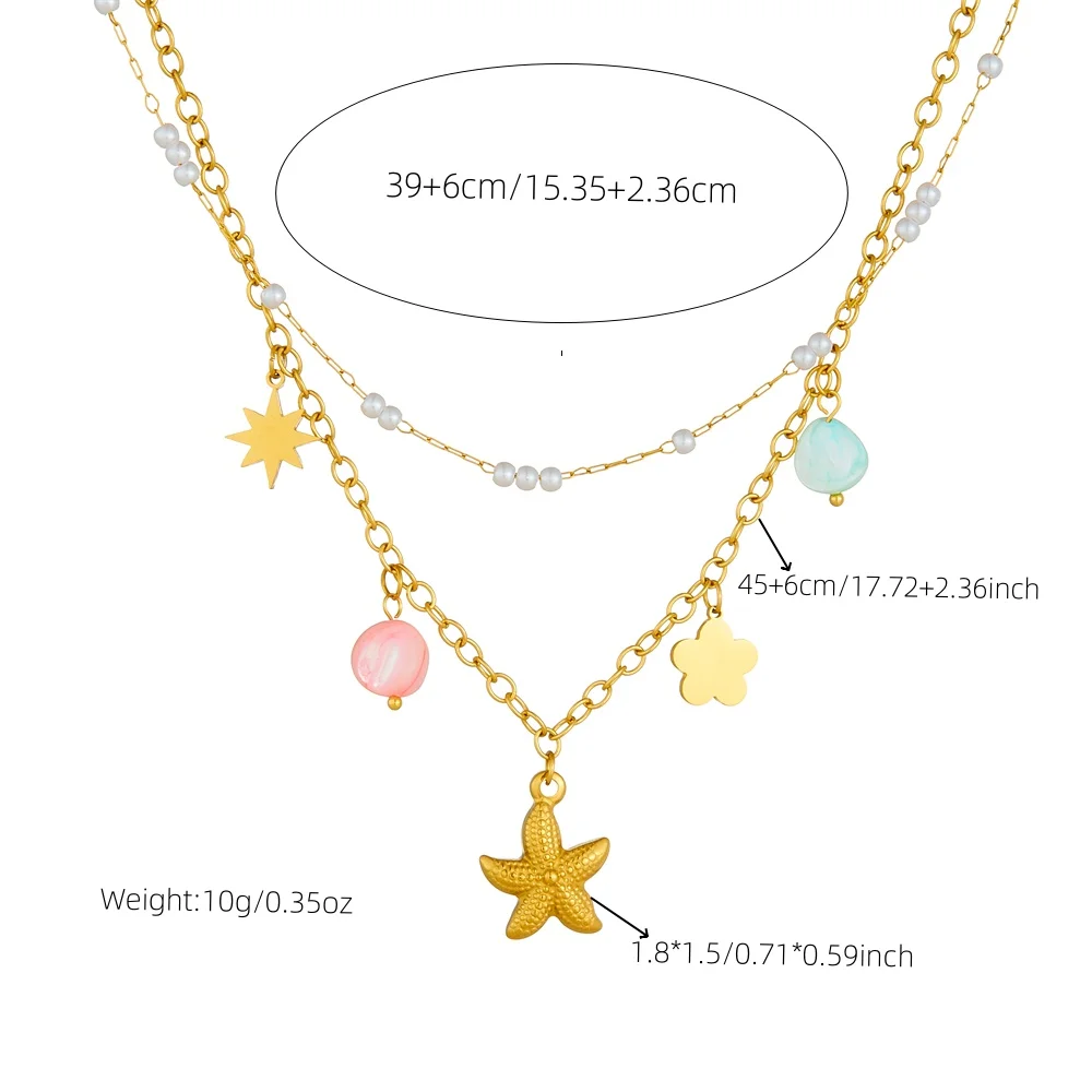 LAMENGLY316L Stainless Niche Fresh Starfish Flower Star Double-Layer Necklace For Women Girl Exquisite Non-Fading Clavicle Chain