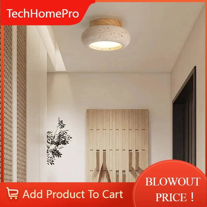 TechHPNordic Modern Simple Ellipse Natural Yellow Travertine Ceiling Lamp Lamparas De Techo Wood Canopy LED Ceiling Light Fixtur