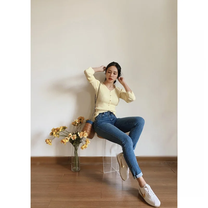 

Джинсы Elwing Original с высокой талией, синие, женские, зауженные, облегающие, длиной до щиколотки, весна 2025, новинка