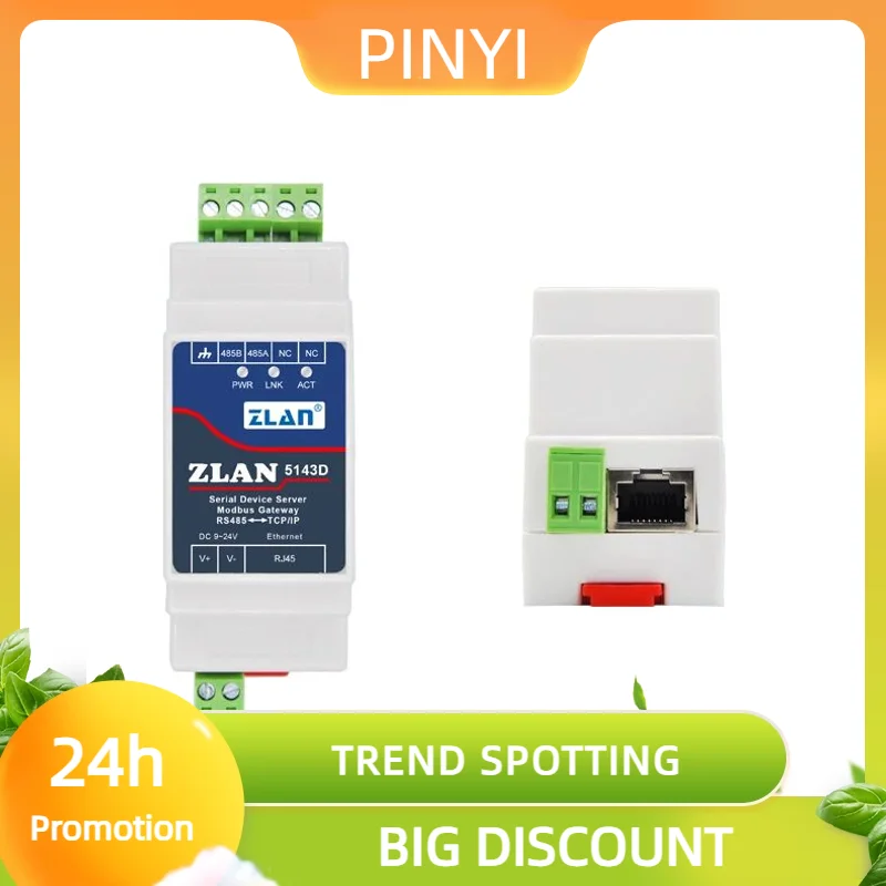 Promotion ZLAN 5143D Din Rail Serial RS485 to Ethernet TCP IP Server Ethernet Converter with Adaptor Optional