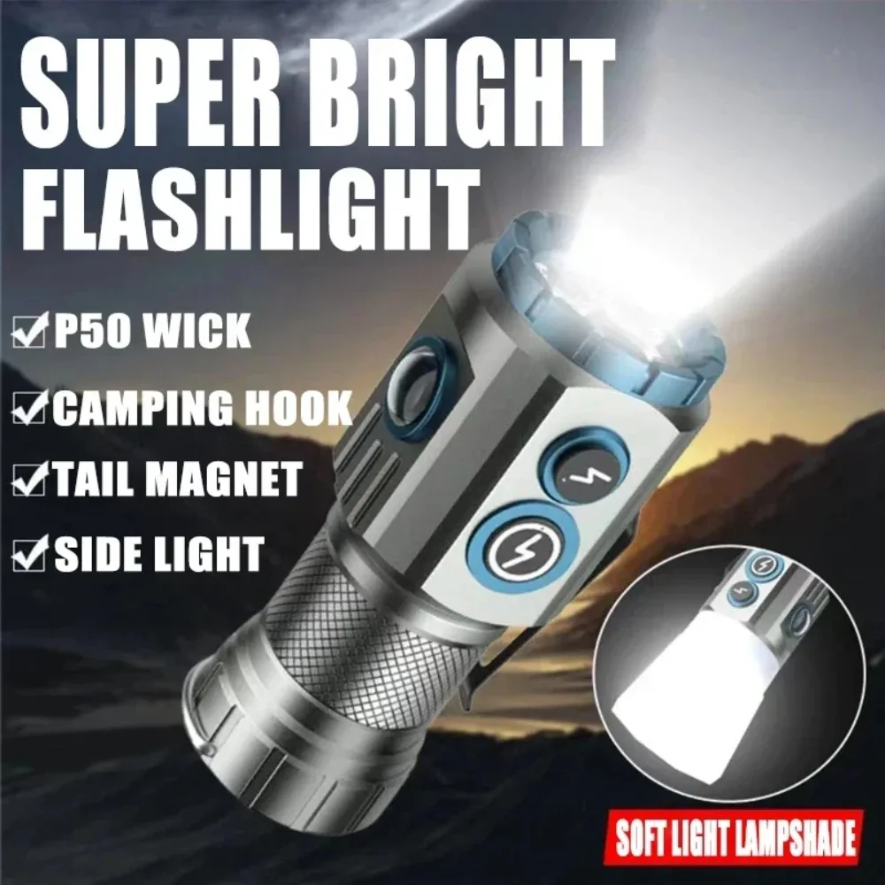 Magnetic Waterproof Flashlight Powerful LED Torch with RGB Light Portable Pocket Light for Camping Hiking Daily Carry