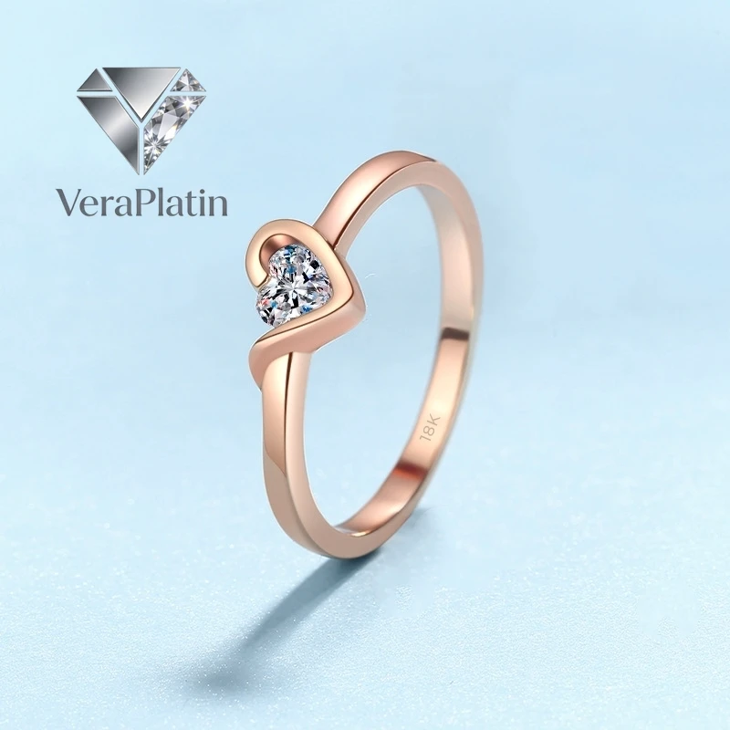 

VeraPlatin Daughter Birthday Gift 18K Rose Gold Rings Women Wedding Heart Style Fine Jewelry Moissanite Diamond 0.3ct Girl Engag