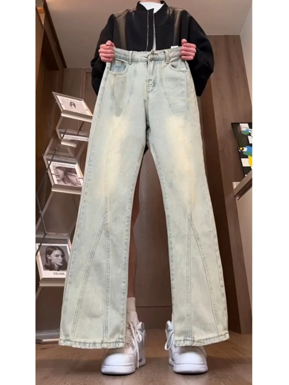 

Extended Length Slim Fit Patchwork Jeans Men's Tall American Retro Sle Youth Trendy Straight Leg Denim Trousers