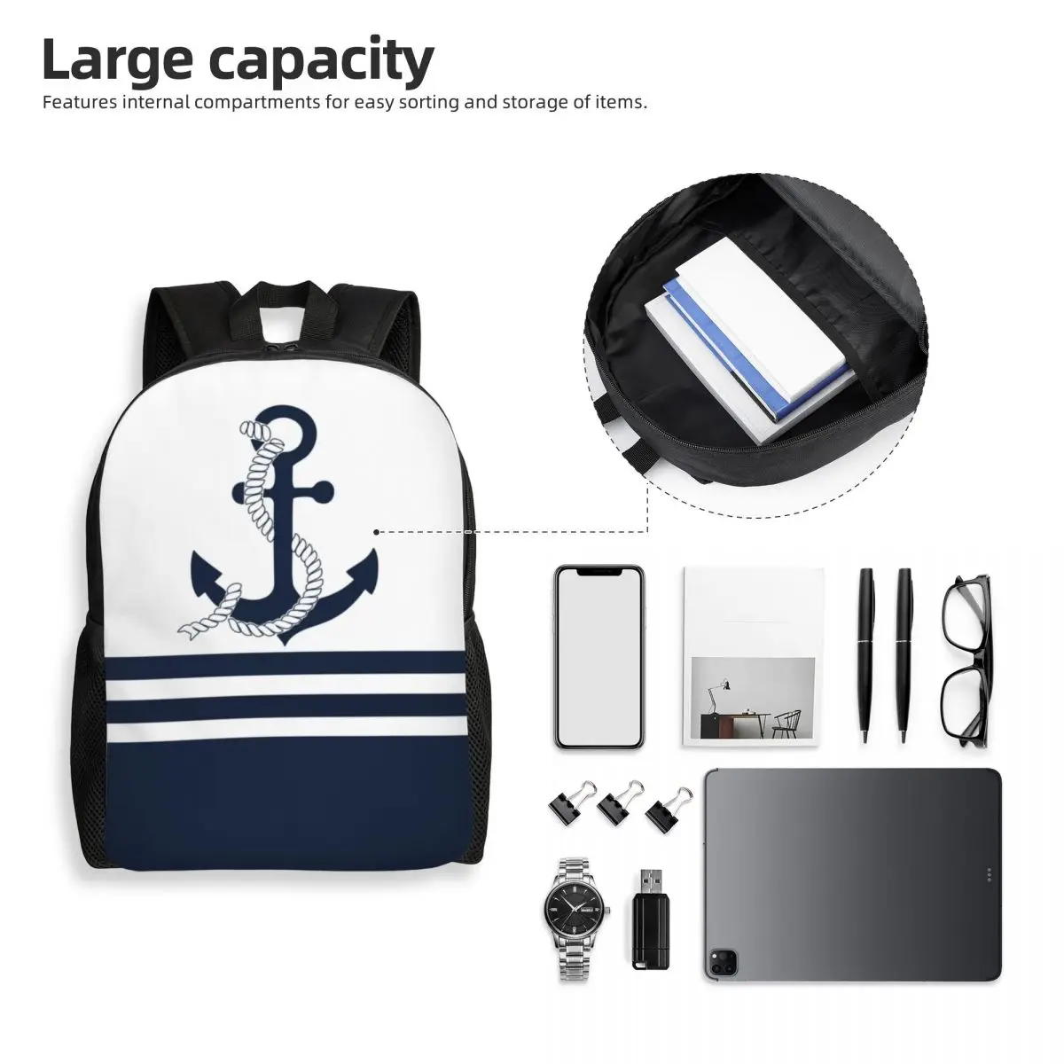 Nautical Blue Anchors With Blue White Stripes Travel Backpack School Laptop Bookbag Sailing Sailor College Student Daypack Bags