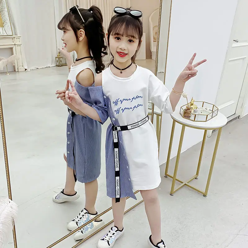 Girls Dress Summer 2023 New Wear Korea Fashion Novel Style Splicing Dress Tide Asymmetrical Dress Girls 4 6 7 8 9 10 11 12 Years