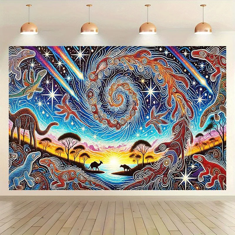 1pc Aboriginal Dot Painting Dinosaurs Stars Galaxy Art 2D Flat Tapestry Backdrop For Living Room Decor Ethnic Wall Hanging Print