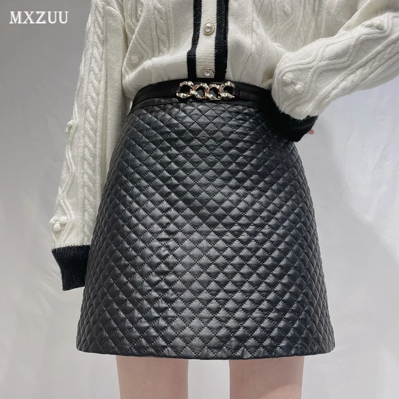 Leather Skirts Autumn Winter Women Genuine Sheepskin High Waist Rhombic Plaid Metal Circle Decoration Slim A-Line Short Skirt