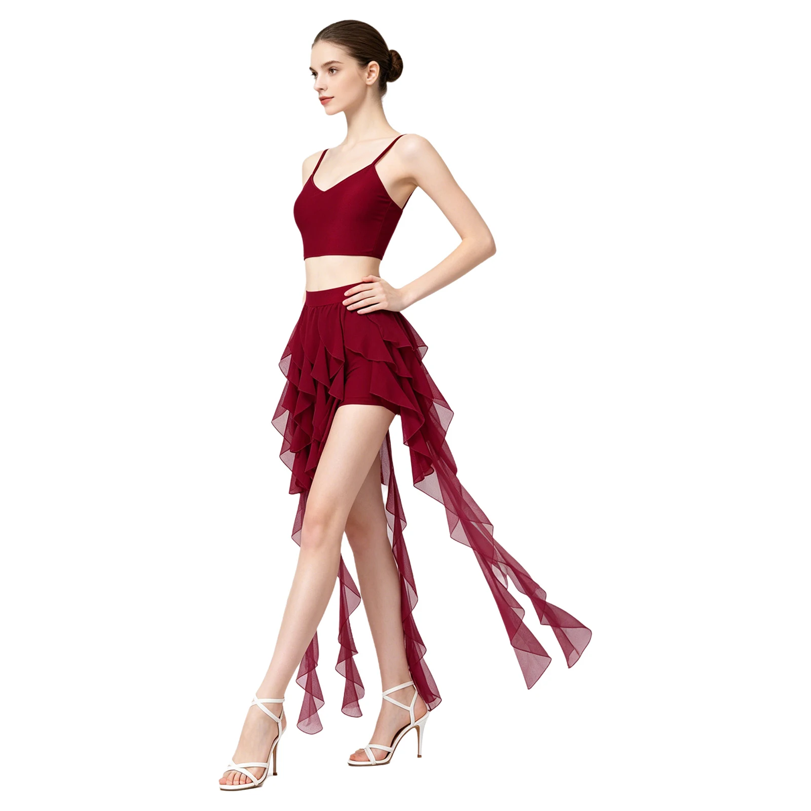 Women Belly Samba Tango Rumba Modern Dance Outfit Crop Top And Cascading Ruffled Skirt And Built-in Briefs Performance Dancewear