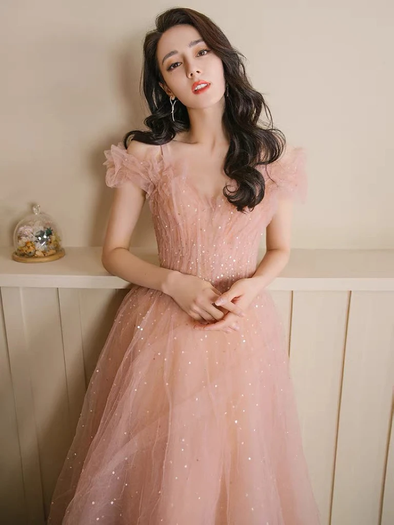 Luxury Pink Evening Dresses Off Shoulder Vintage Shiny Sequin Tulle Ruffle Sweetheart A Line Host Bridesmaid Prom Party Gowns