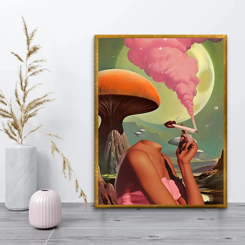 Retro Woman Smoke Surreal Mushroom Pink Posters and Prints Canvas Painting Wall Art Pictures for Living Room Home Decoration