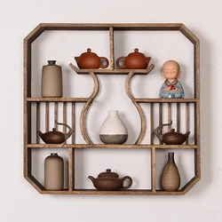 Retro Wall Hanging Storage Rack, Solid Wood, Chinese Style, Retro Living Room, Tea Set Stationery, Multiple Grids