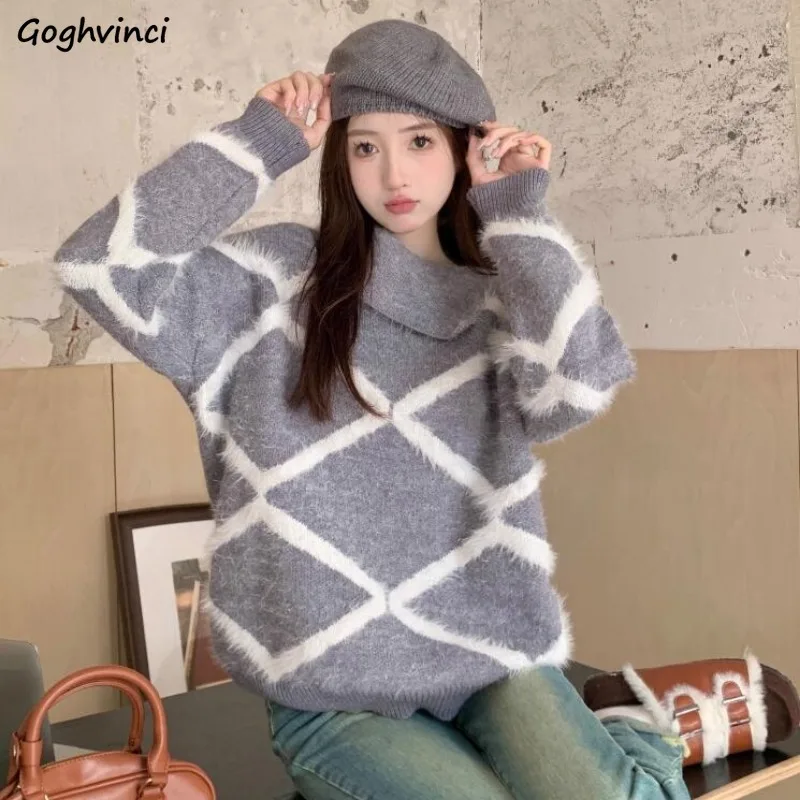 Autumn Winter Pullovers Women Diamond Check Loose All-match Age-reducing Sweet Elegant Chic Female Knitted Tops Design Ins Mujer