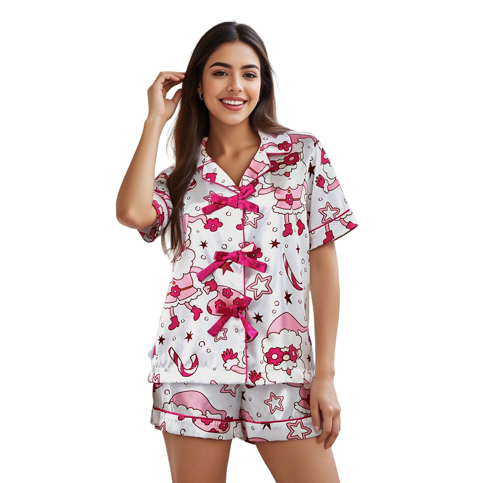 

Bow Pajama Sets for Women Christmas Elements Print Lapel V Neck Short Sleeve Tops with Ruffed Shorts Soft Sleepwear