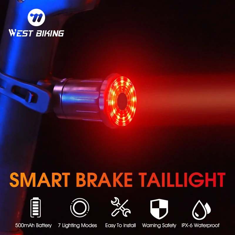 West Biking Bike Tail Light Smart Sensing Bike Brake Light IPx6 Waterproof Led Usb Charging Bicycle Rear Light Bicycle Taillight