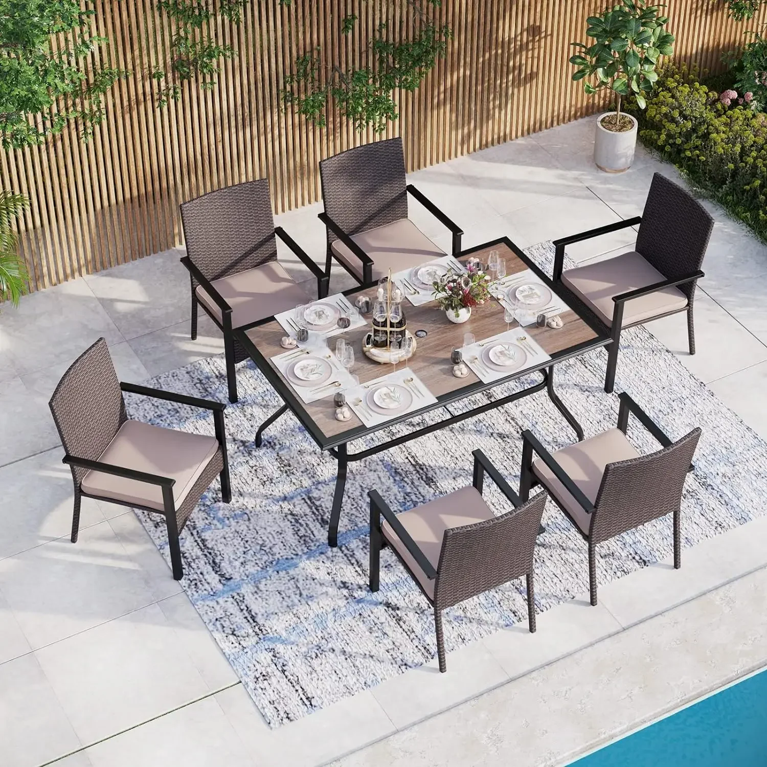 

Patio Dining Set,Outdoor Dining Furniture with Wood-Like Square Table and 4 PE Rattan Chairs with Cushions with Umbrella Hole