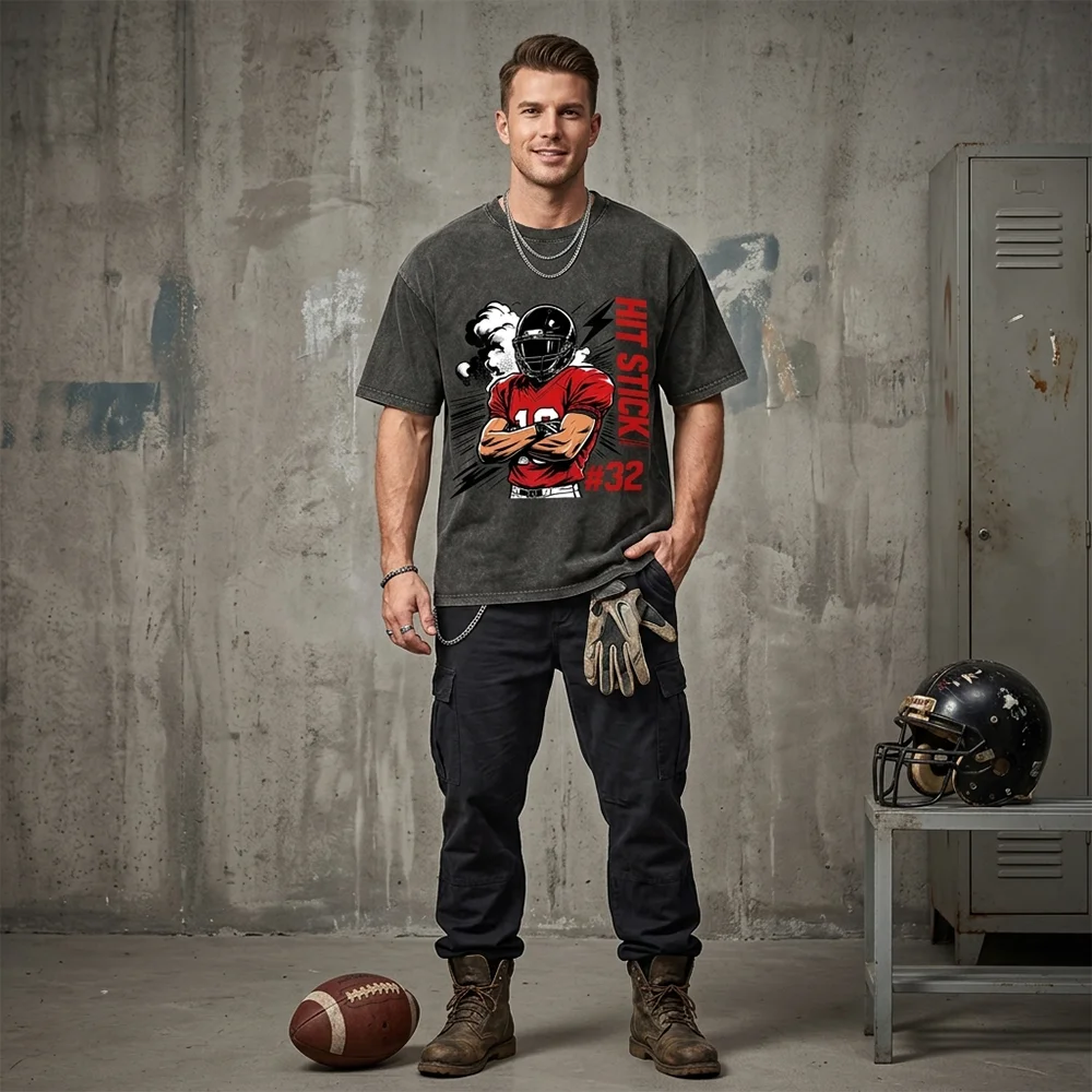 Men Vintage Washed T Shirt Football HIT STICK Graphic Oversized Short Sleeve Cotton Summer Casual Loose Harajuku Tops