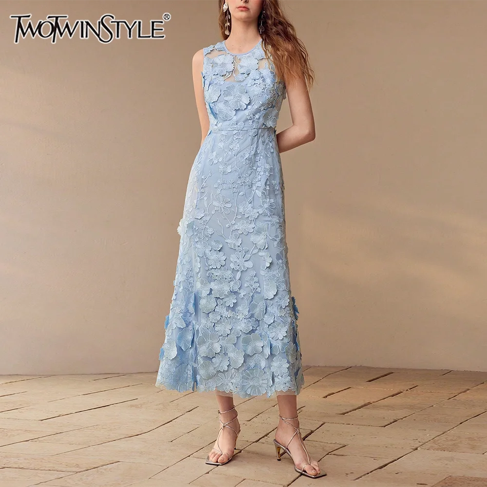 TWOTWINSTYLE Spliced Appliques Elegant Long Dresses for Women Round Neck  Sleeveless High Waist Dress Female Fashion Style New - AliExpress 200000345